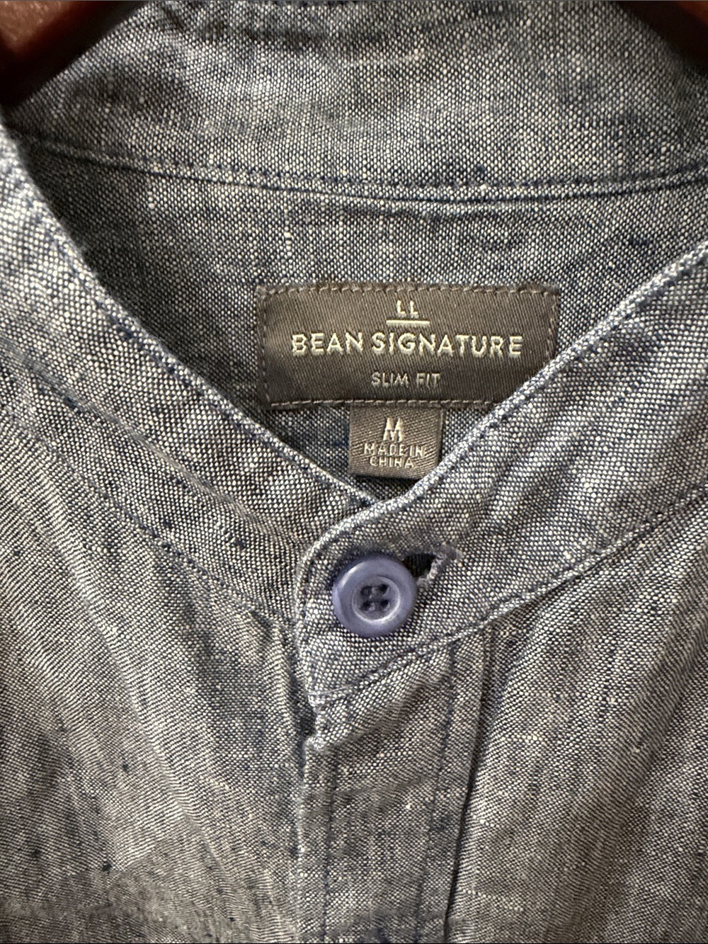 L.L. Bean Light Blue Chambray Mandarin Collar Button-Up - Picture 2 of 4